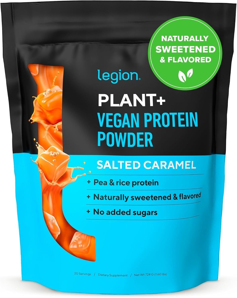 LEGION Plant+ Vegan Protein Powder, Riž in Pea, mešanica beljakovin na osnovi rastlin. Brez glutena, brez GSO, naravno sladkane in arome, 20 strežnikov, 2 Lbs (solna karamela)