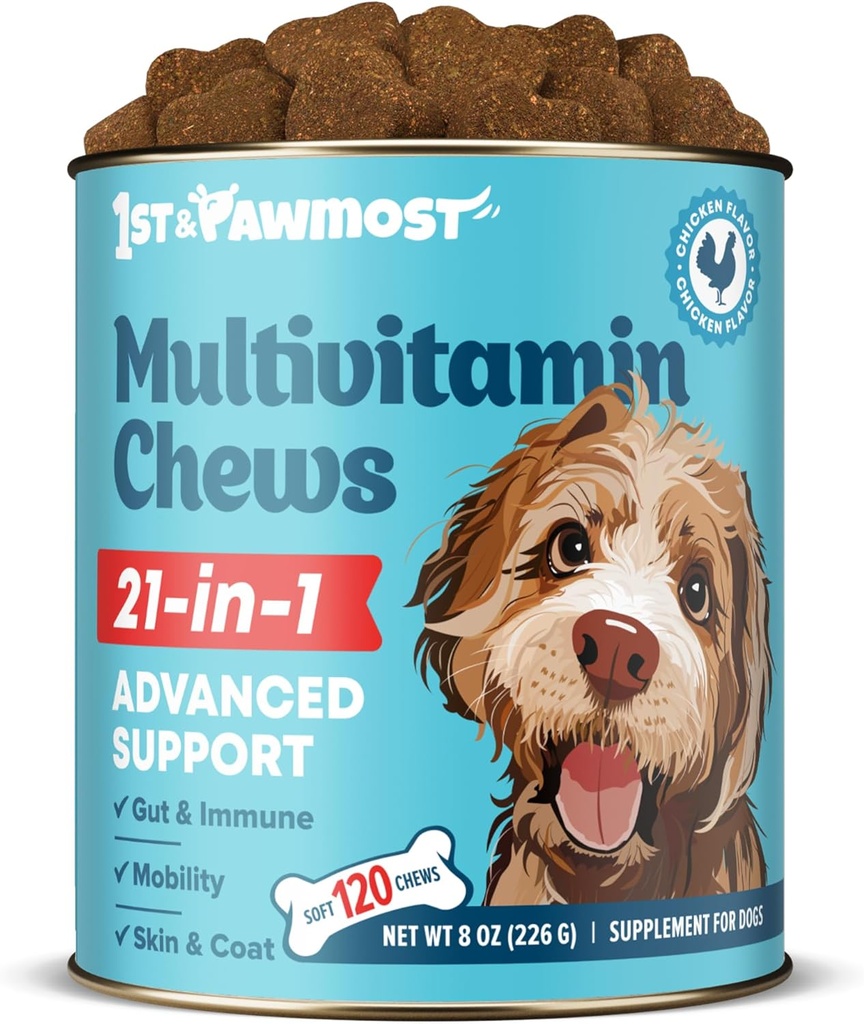 21-v-1 Dog Multivitamin - Dog Vitamini in dodatki za starejše pse in mladičke - Multivitamin za pse za kožo, plašč, srce, Imunska podpora - Dog Multivitamini Žvečljivi za skupno podporo -120pcs