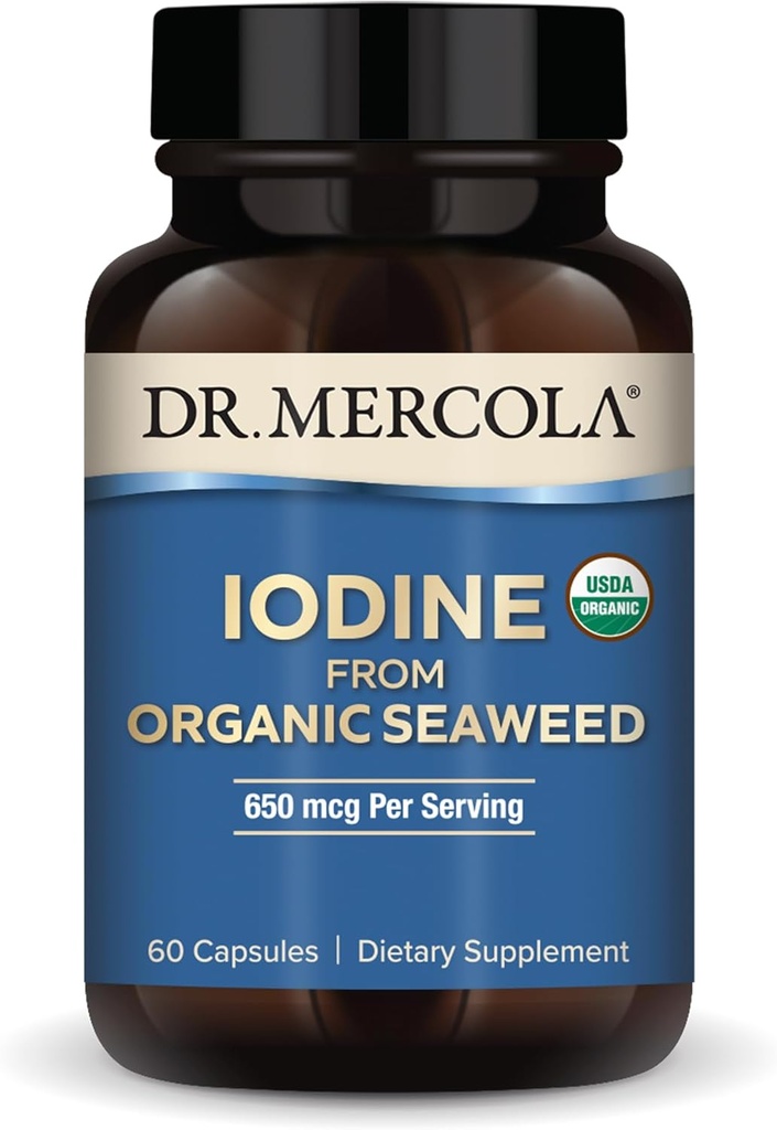 Dr. Mercola jod iz organskih morskih alg, 650 μg na serviranje, 30 serviranja (60 kapsul), prehranska dopolnila, ščitnica in energijska podpora, ne-GMO, USDA organska