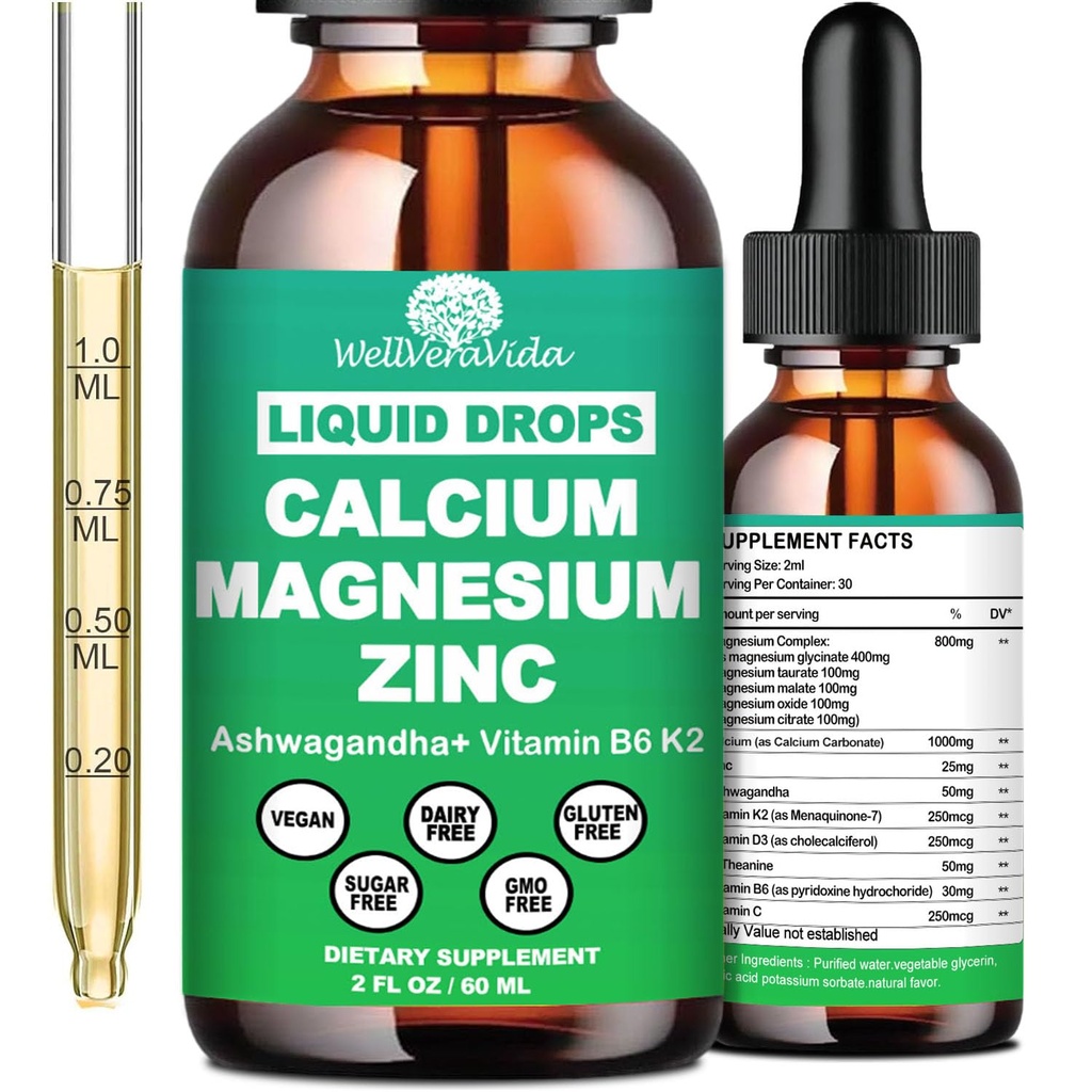 Tekoče kapljice kalcijevega magnezijevega cinka z vitaminom D3 K2, visoko jakostjo kalcijevega magnezija dodatek w/magnezijev kompleks, cink, teanin-gluten prosti 