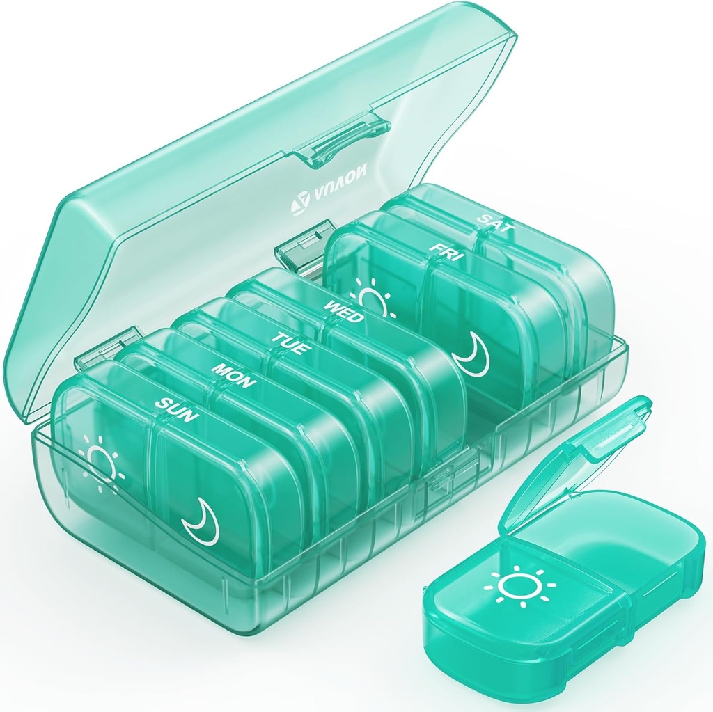 AUVON XL Tedenska tabletka Organizator 2 krat na dan, tablete Box 7 dan z enostransko velike odprtine za enostavno uporabo, Cyan AM tablete Primer za zdravila, vitamini, ribja olja, Dopolnila