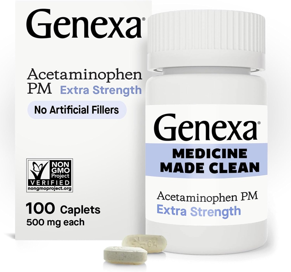 Genexa Clean Acetamofen PM 500mg Dodatna moč, Barvilo proste bolečine Reliever, nočno spanje pomoč, Fever Reducer, 0% Umetni dodatki, Olajša glavobol, Backache, Manjši Artritis bolečine, 100 tablet