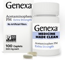 Genexa Clean Acetamofen PM 500mg Dodatna moč, Barvilo proste bolečine Reliever, nočno spanje pomoč, Fever Reducer, 0% Umetni dodatki, Olajša glavobol, Backache, Manjši Artritis bolečine, 100 tablet