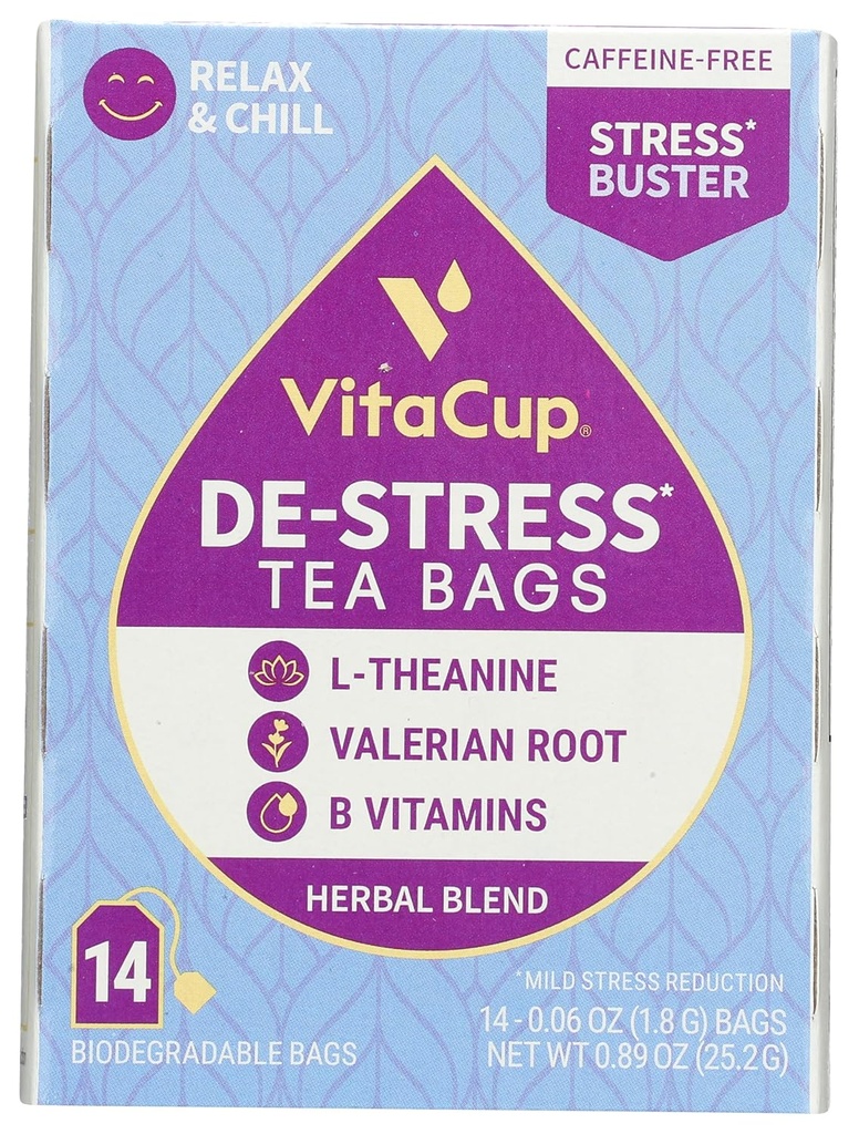 Destress Zeliščne čajne vrečke z VitaCup, Relax & Chill w/Kamilica, L-Theanine, Valerian Root & B Vitamini, Kofein Free Wellness Tea Sachet Bag, 14 ct