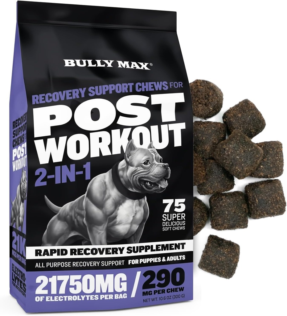 Bully Max 2-v-1 podpora za okrevanje po treningu Chews - pasji vitamini in prehranska dopolnila za majhne in velike pasme - kužki in odrasli psi Hidracija in elektrolitsko polepšanje - 75 mehkih in okusnih žvečil