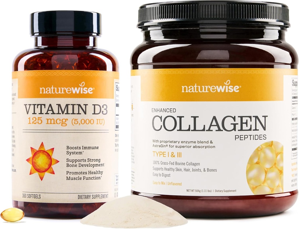 NatureWise Vitamin D3 5000iu (125 μg) 1 leto Oskrba za zdravo mišično funkcijo Izboljšane kolagenske peptide (45 servingov) - hidroliziran tip I in III
