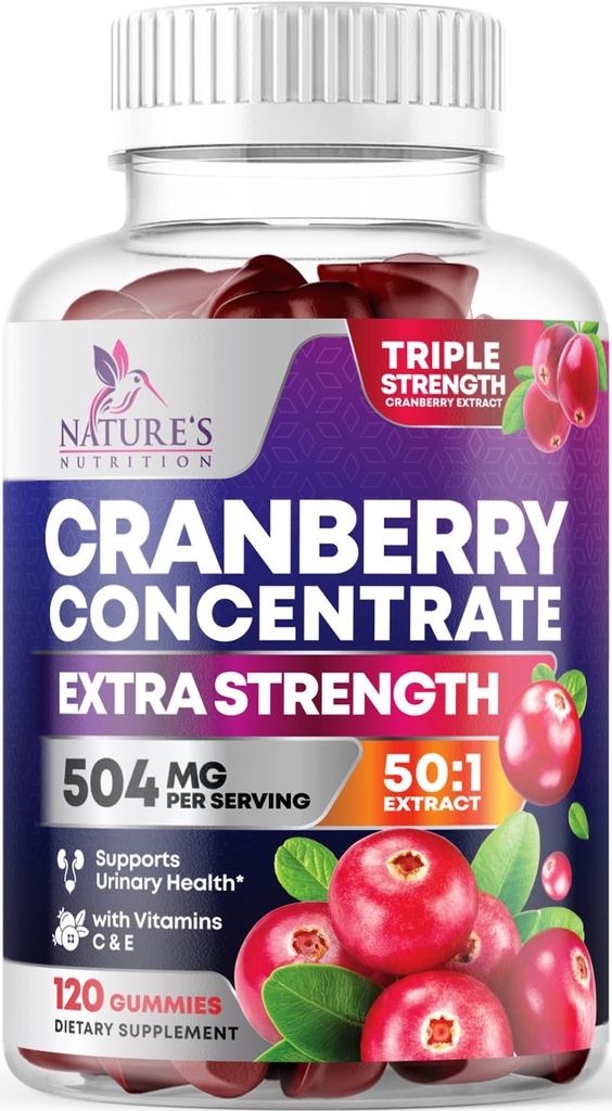 Cranberry Gummies 50:1 Cranberry Extract - Podpora za mokre traktorje Made with 25.000mg, Pomaga očistiti in zaščititi, Cran Berry Gummy dodatek + Vitamin C, Žvečljive Cran tablete za ženske - 120 Gummies