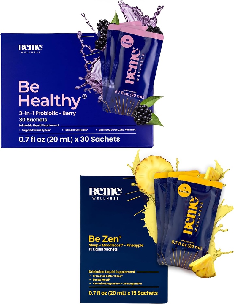 BeMe BeHealthy & BeZen Bundle - tekoči probiotiki & Magnezijev Glycinate L-Theanine dopolnila