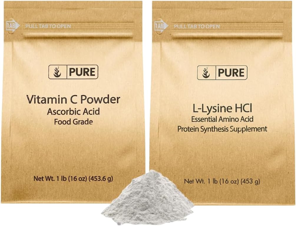 PURE ORIGINAL SESTAVINE L-Lysine HCI in Vitamn C Powder Bundele, 1 lb vsak, ne-GMO, Gluten brezplačno, prehranska dopolnila