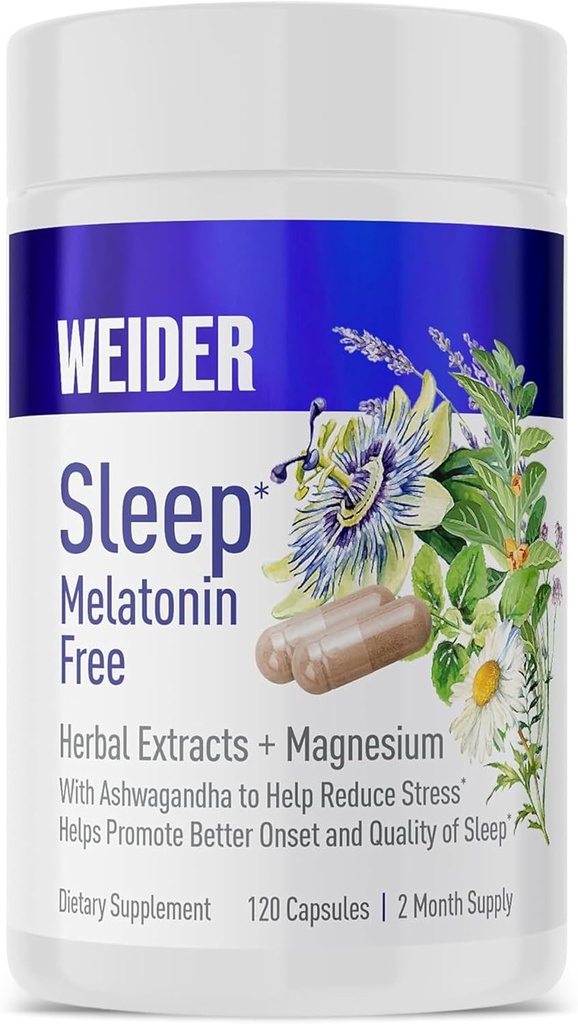 Weider Melatonin Free Sleep Aid Supplement z KSM-66 Ashwagandha, Magnezij, sivka, limonin balzam, Kamilica, Valerian in Pasijonka Izvlečki, Hormone & droge-, ne-Habit Oblikovanje, 120ct