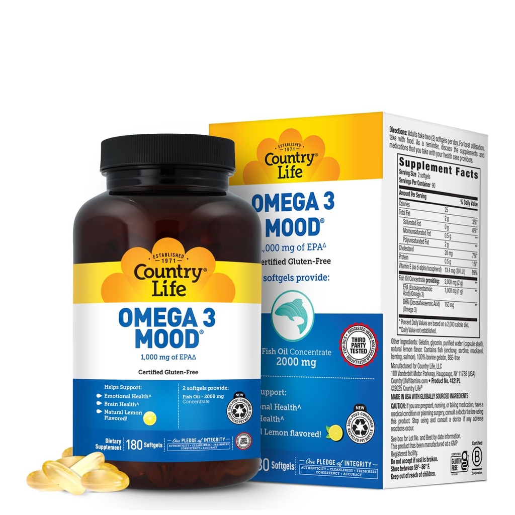 Država Life Omega 3 ribje olje dodatek - visoka koncentracija EPA in DHA Omega 3 Maščobne kisline - 2000mg ribje olje za čustveno zdravje, podpora razpoloženju, in brez okusa rib - naravna limonina aroma