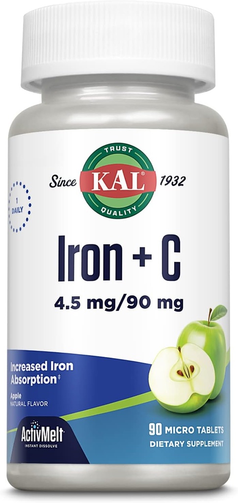 KAL železa C, 90 tablet, 4,5 mg/90 mg, aroma naravnega jabolka, povečana absorpcija tablete železa, imunska podpora