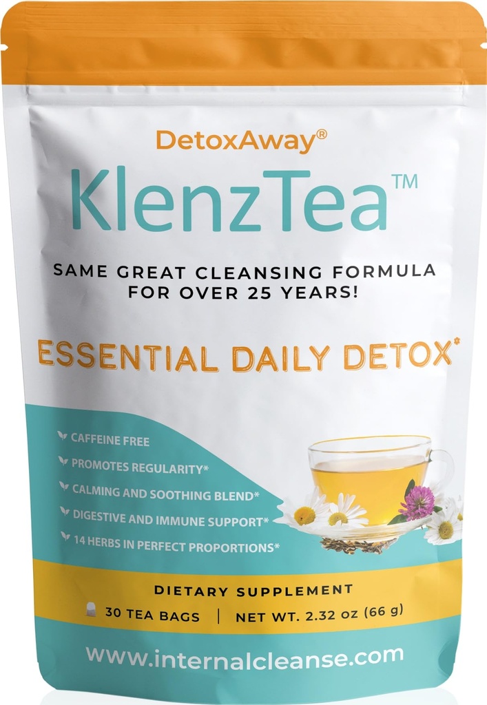 KlenzTeaTM - DetoxAway® vaša jetra, limfa, kolona in ledvice s 14 Previdno izbranimi sestavinami. (30 čajnih vrečk)