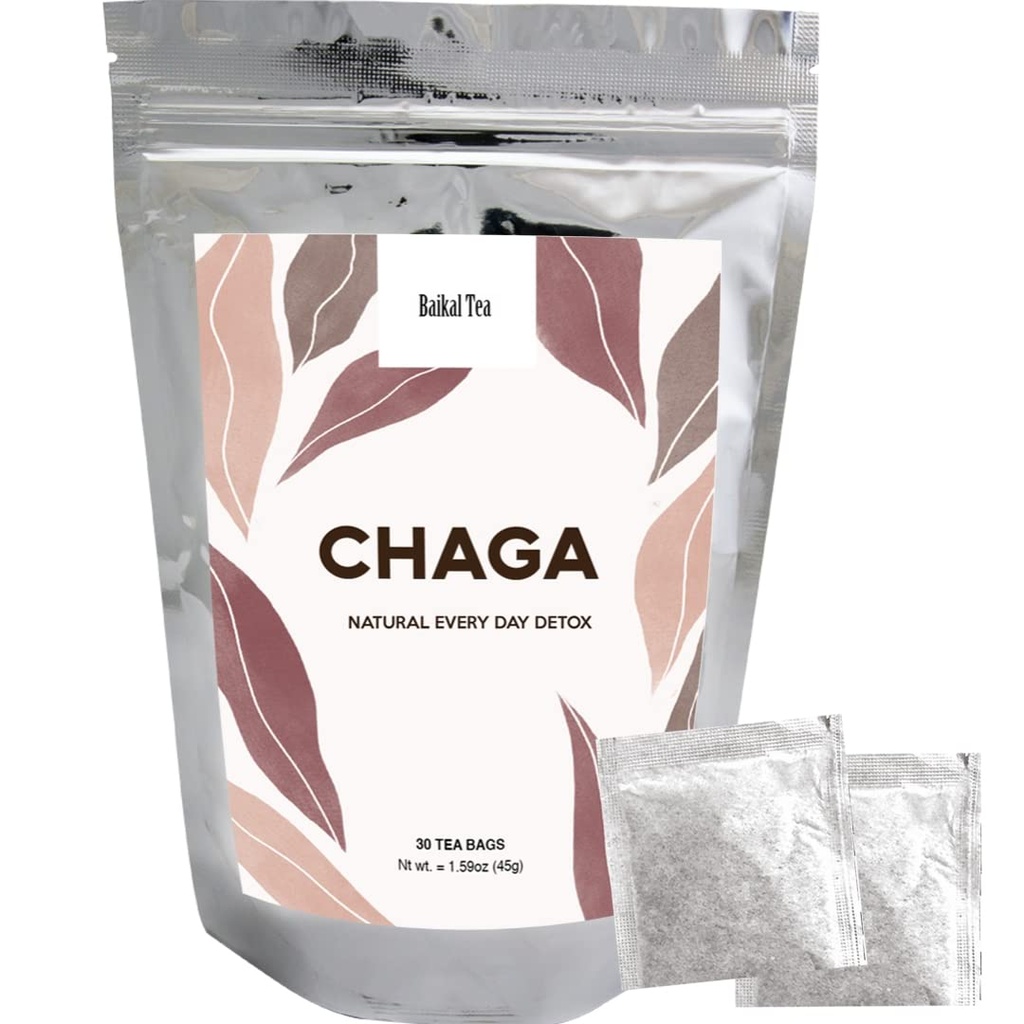 Chaga čaj - 100% Wild Sibirski Birch Chaga goba - Organic - 30 Nebeljene čajne vrečke - Čisti brez dodatkov - Naravna detox in prebavna podpora - Ročno picked by Bajkal čaj