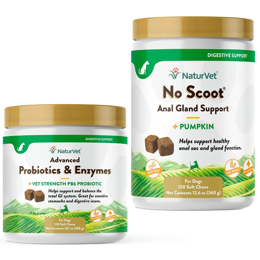 NaturVet Napredni probiotiki, zdravi encimi in PB6 Probiotični dodatek za vaše pse Želodec, 120 Soft Chews & No Scoot za pse - 120 Soft Chews - podpira zdravo Anal Gland & Bowel funkcijo