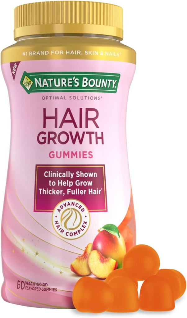 Naravni Bounty las rast Gummies za podporo Thicker, Fuller las z biotin, Silicij & Arginin, Peach Mango Flavor – Gluten brezplačno, Vsebuje brez laktoze, natrij ali ribe, 60 Count/30 Servings