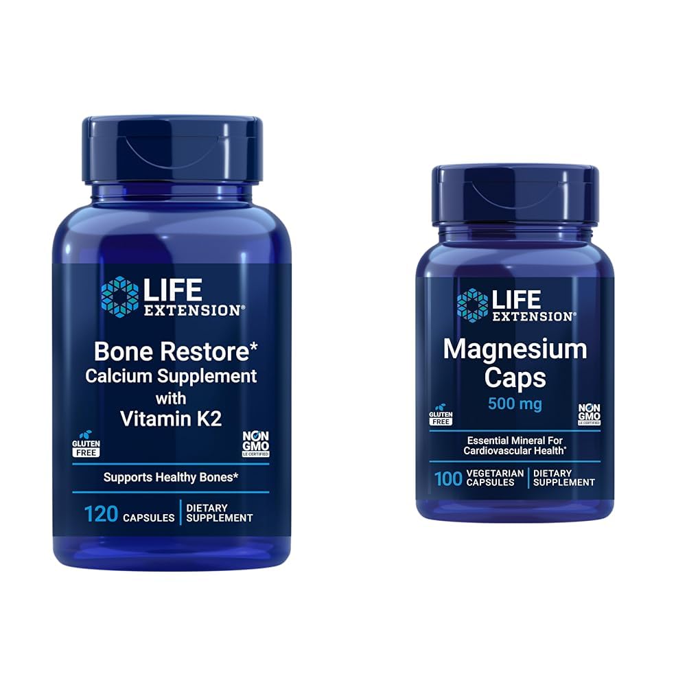 Life Extension Bone Restore + Vitamin K2 Vitamini in minerali ohraniti zdravje in moč kosti in magnezijeve kapice, 500 mg, magnezijev oksid, citrat, sukcinat, zdravje srca, zdrave kosti
