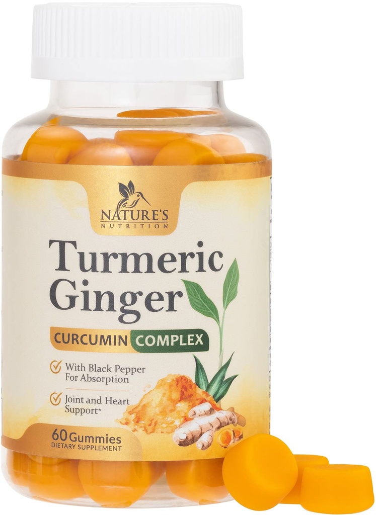 Kurkumin dodatek Gumies - 95% kurkuminoidi s kurkuminoidi in ingverjem, črna paprika za najboljšo absorpcijo, Veganska skupna podpora, Non-GMO, Gluten Free, Okusni Peach Flavor - 60 Gumies
