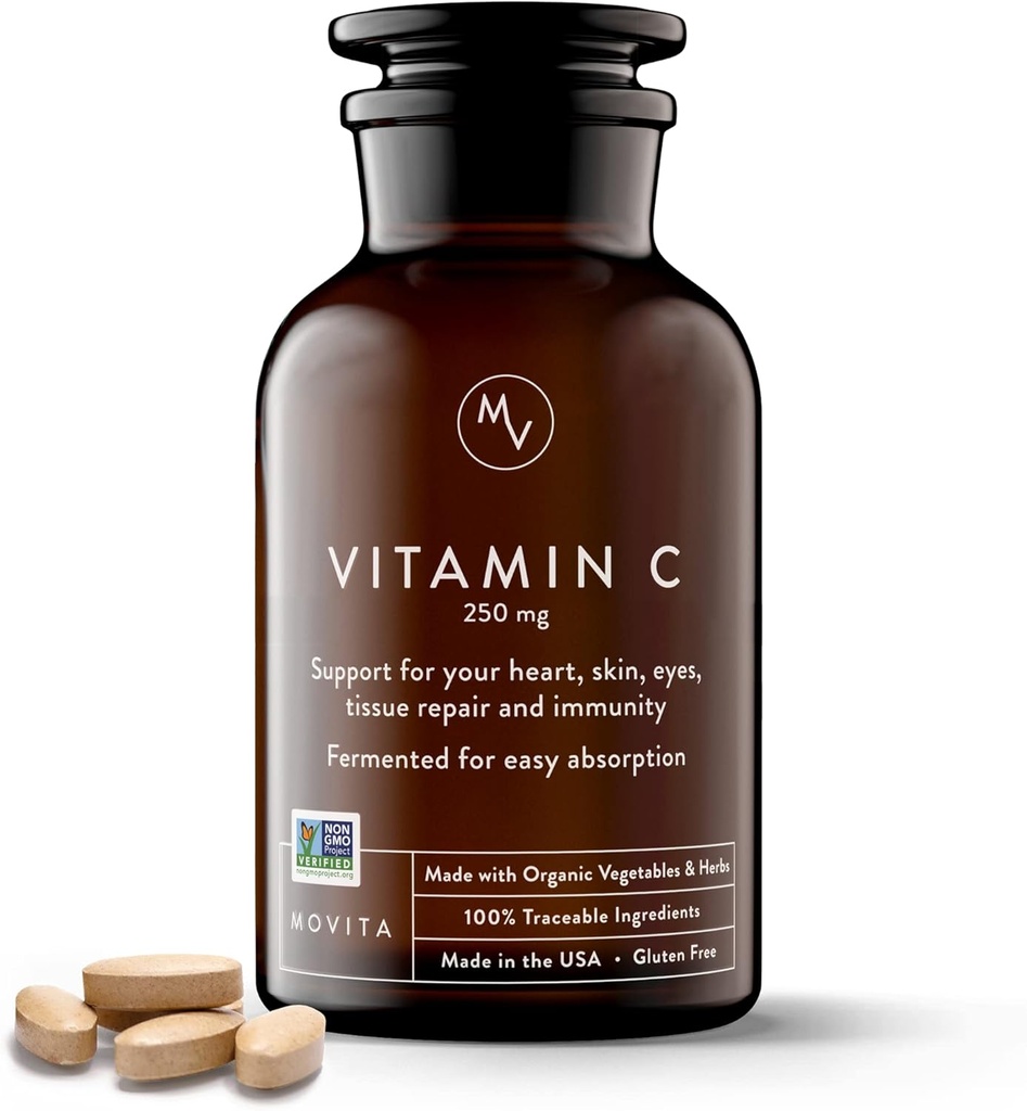 Movita Fermentirani vitamin C 250mg – Pospeševalec imunosti, zaščita proti oksidantom, kolagenska sinteza in absorpcija železa – organska, veganska, gluten-free, ne-GMO – 30-dnevna oskrba (Steklenica)