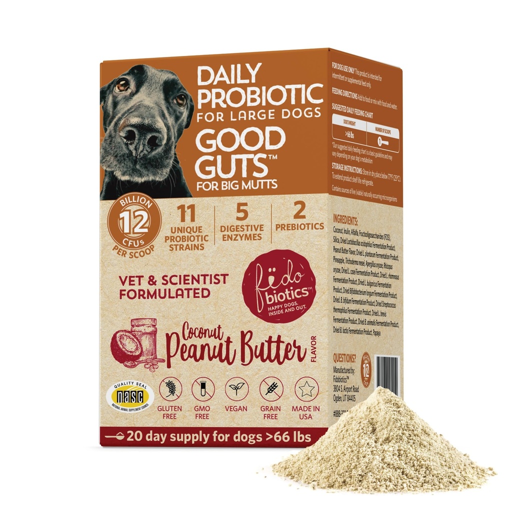 Fidobiotiki Dobra čreva za velike mute Probiotik za pse, 12 milijard CFU, 11 sevi, 5 Prebavni encimi, 2 Prebiotiki, Pregestiv Gut Zdravje za pse, Adult & Puppy Probiotics Dopolnila (20 dni)