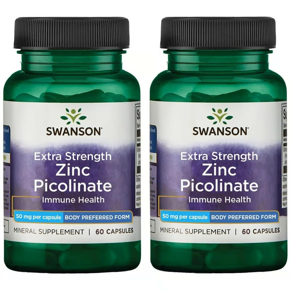 Swanson Premium Blagovna znamka Extra Jakost Cinkov pikolinat – oznaka za telo Imunska zdravila – 50 mg na kapsulo – 60 kapsul, pakiranje po 2