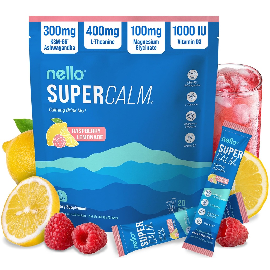 Nello Supercalm v prahu Mix, Raspberry Lemonade, L Theanine, Ksm-66 Ashwagandha, Magnezijev Glicinat, Vitamin D 3, Dopolnila za sprostitev & Focus, Brez sladkorja, Non GSO, Na Go, 20 Ct