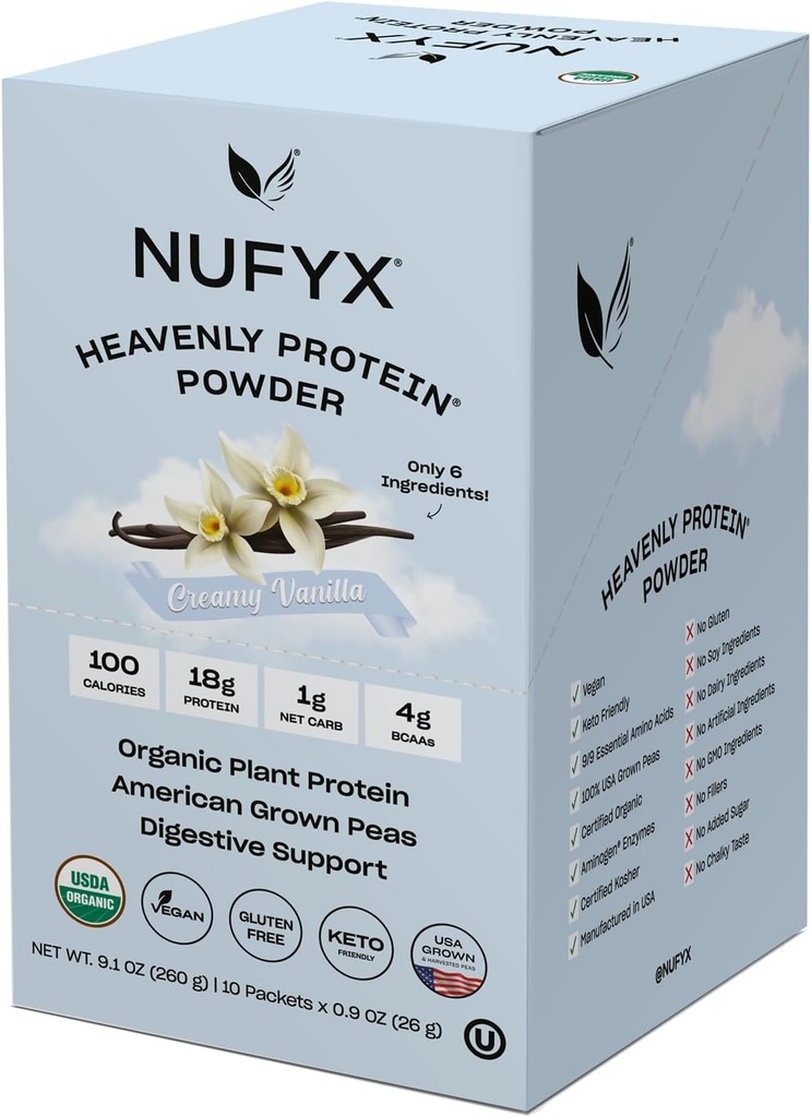 NUFYX® • Nebeški protein® Powder • Najboljši 100% organski rastni grah na svetu • Vegan • Gluten brez • Nizka vsebnost ogljikovih hidratov (Creamy Vanilla, škatla z 10 paketi)