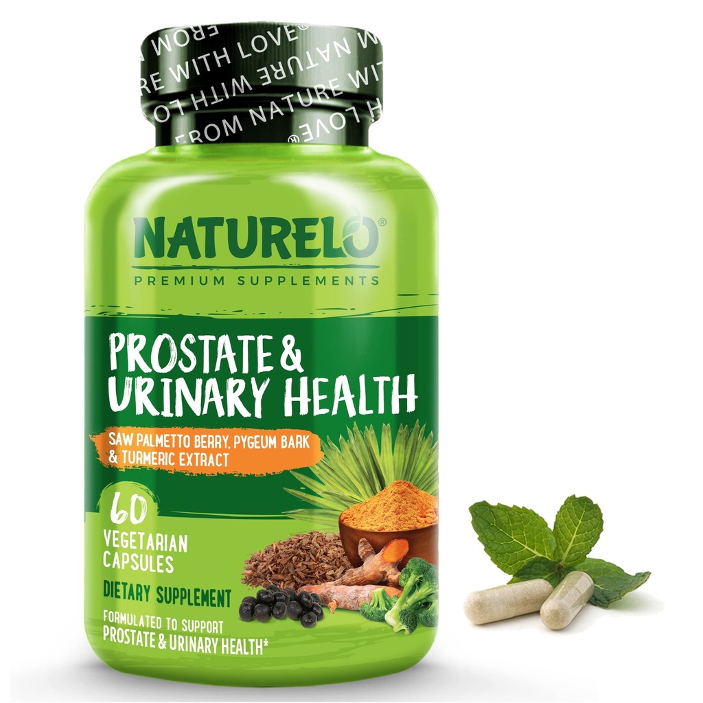 NATURELO Prostata & urinarno zdravje, celovita formula z žago Palmetto, Pygeum, Tumerik, Rastlinski steroli, Brokoli in likopen, 60 Vegetarijanske kapsule