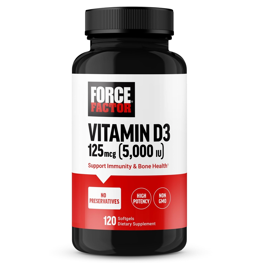 FORCE FACTOR Vitamin D3 5000 i.e. softgels, visokopotenzivna vitamin D dodatek za podporo imunitete in zdravje kosti, Premium kakovost, Brez konzervansov, 120 Softgels