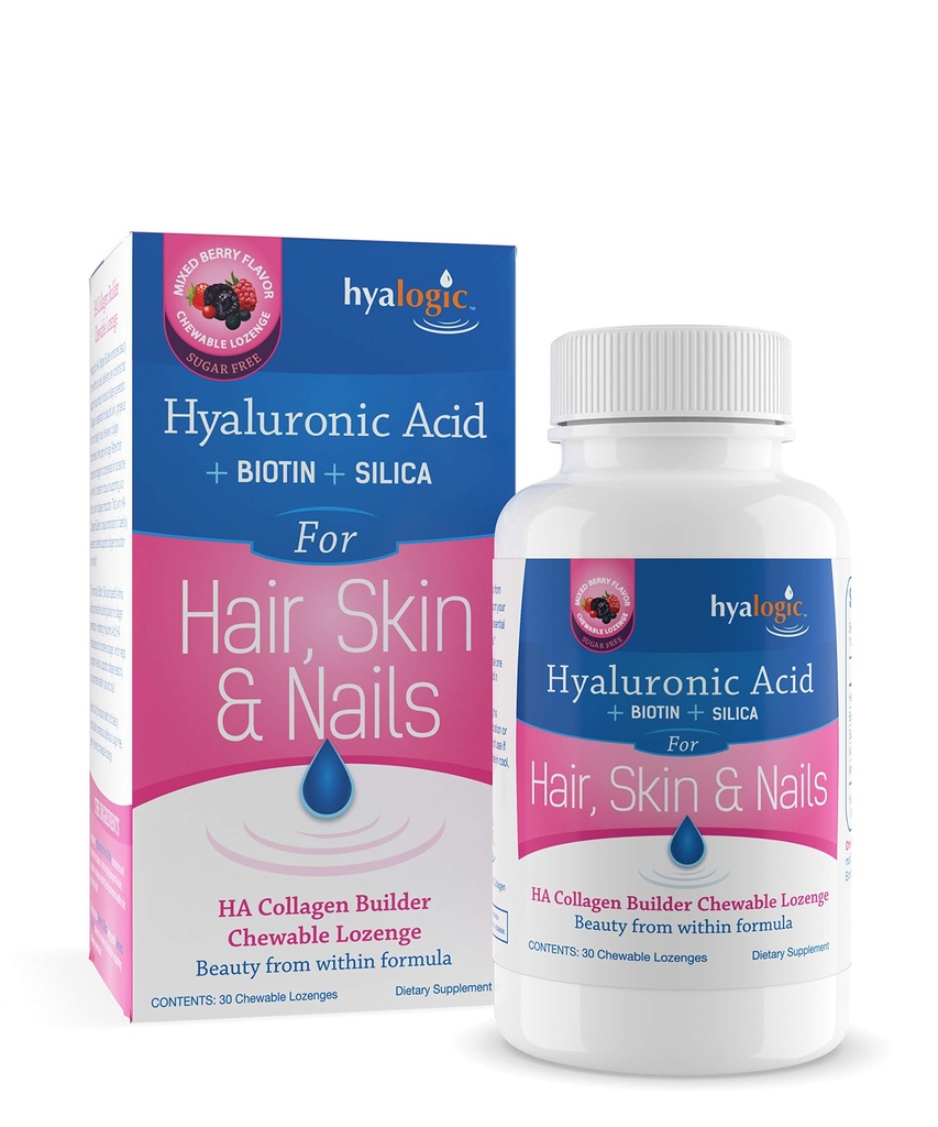 Hyalogic Hair Skin & Nails Hyaluronic Acid Collagen Builder – Okusno Berry Okusen Colagen Boost Žvečljive Lozenges – Sugar Free Vegan Collagen Idealno za izboljšanje vaše naravne lepote – 30 Count