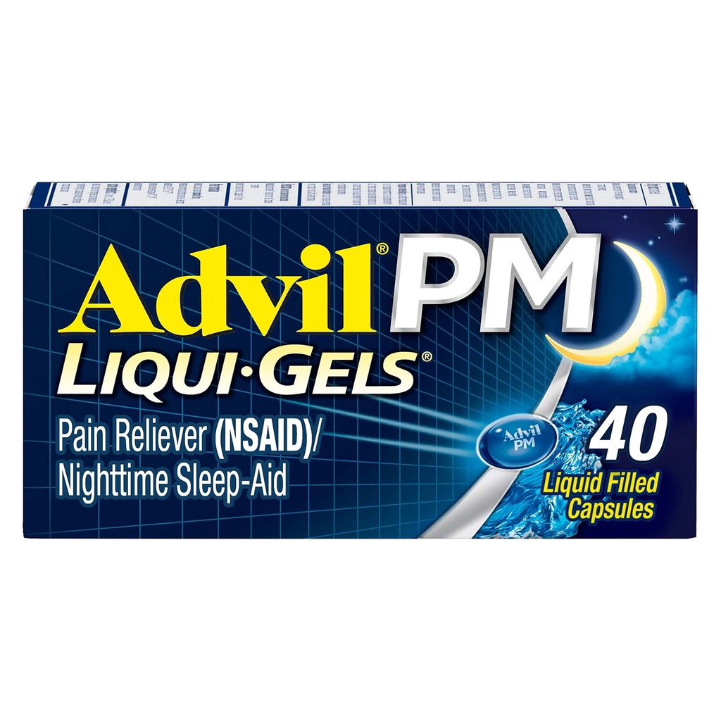 Advil PM Liqui-Gels Pain Reliever in nočno spanje Aid, Pain Medicine z Ibuprofen za lajšanje bolečine in difenhidramin HCL za pomoč v spanju - 40 Tekoči zapolnjene kapsule - Nazaj na kolidž