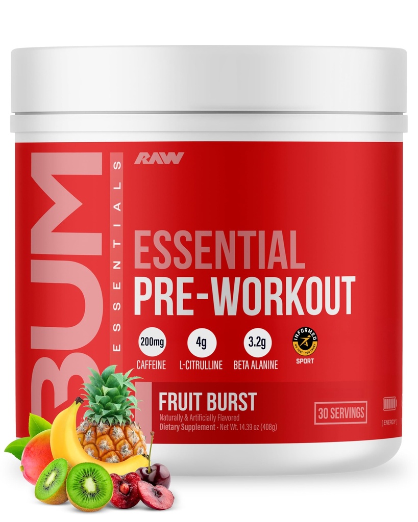 RAW Essential Pre-Workout Powder (Fruit Burst) - Chris Bumstead Športna prehrana dodatek za moške in ženske - Preworkout Energy Powder s kofeinom, L-citrulin, L-tirozin, in Beta Alanine Mešanica