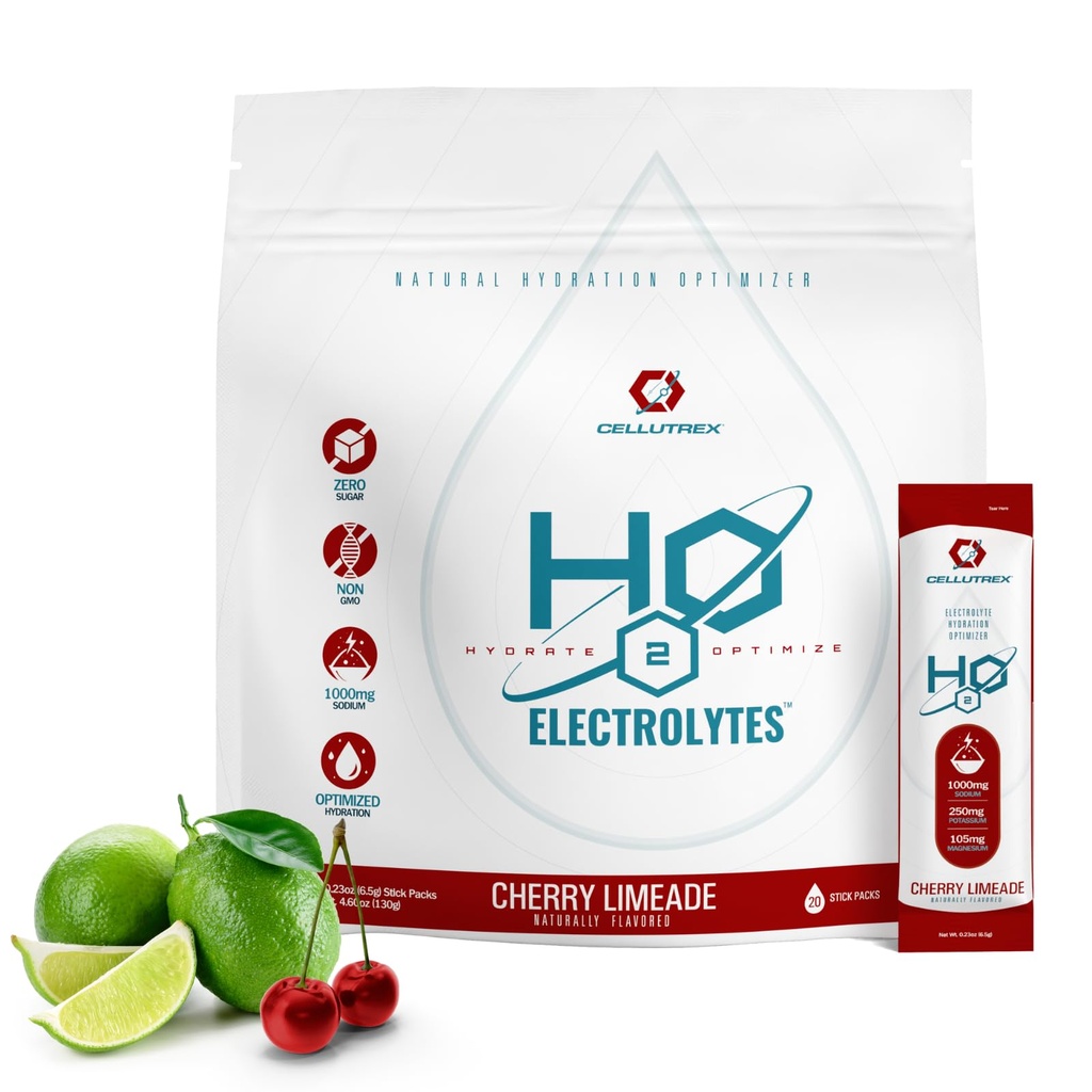 Cellutrex® H2O Elektroliti – Elektrolit v prahu mešanica, nič sladkorja, naravne soli Hydration paketi za regeneracijo in Wellness, Cherry Limeade, 20 palice