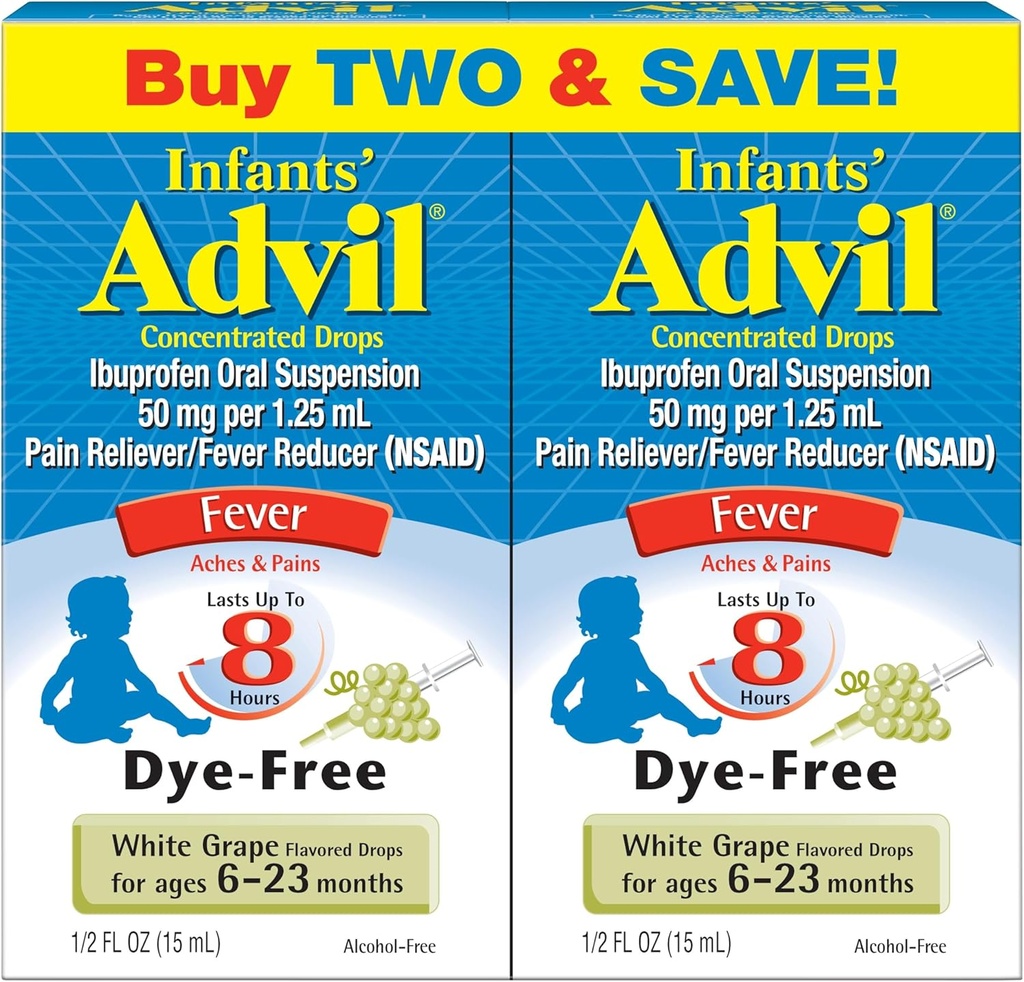 Dojenčkov Advil Liquid Pain Reliever in Baby Fever Reducer, Dojenčkov Ibuprofen Barvilo Brez bolečin Relief in Fever Medicine, Belo grozdje - 0,5 Fl Oz (2 paket)