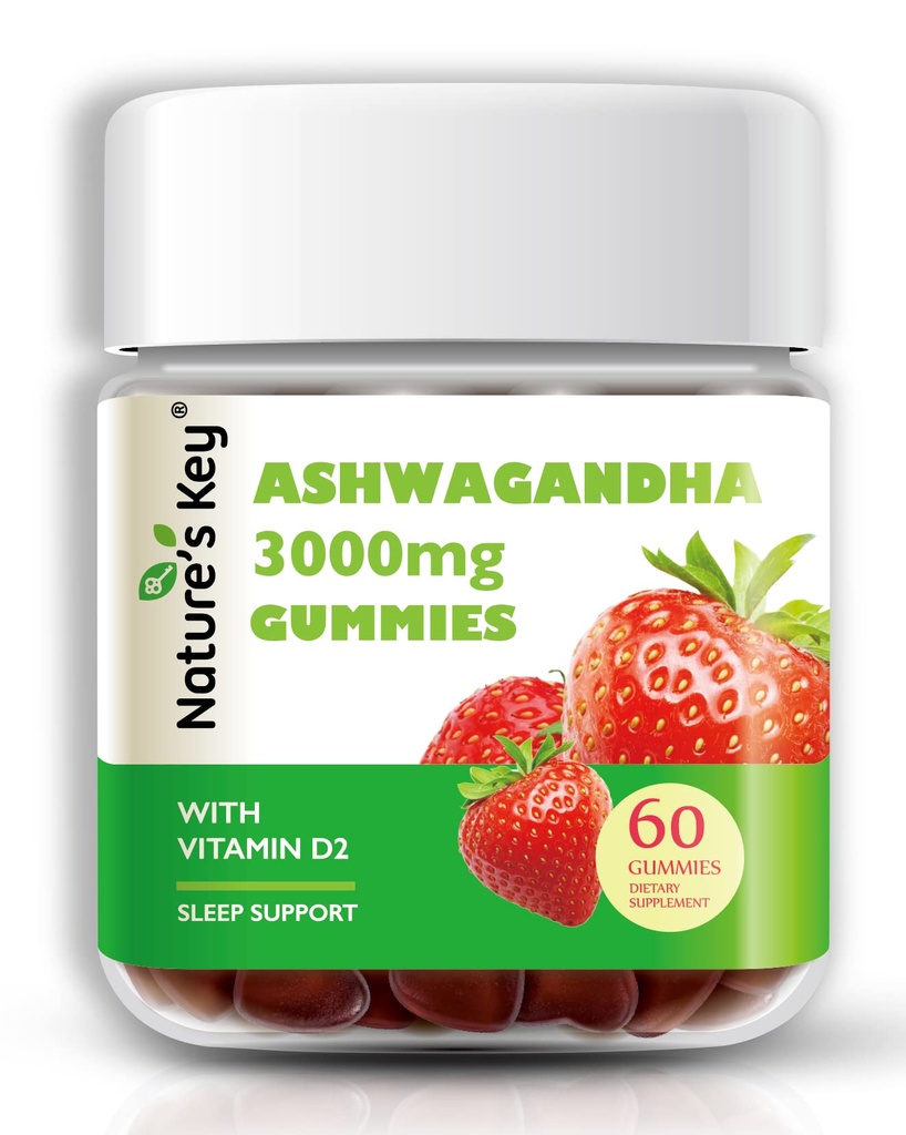 Narava je ključ Ashwagandha Gummies, 3000mg Visoka moč Ashwagandha Root Extract z vitaminom D2, Stres, Calm Mood & Kognition, za moške in ženske, Jagodna aroma (60 Število (Pack of 1)