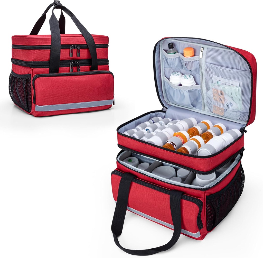 CURMIO dvojni plasti tablete steklenica Organizator vrečka prazna, Medicina Organizator shramba primeru z zaklenjeno zadrge, Medication Travel Bag za predpisovanje steklenice, Medicinske potrebščine, rdeča (Patent Design)