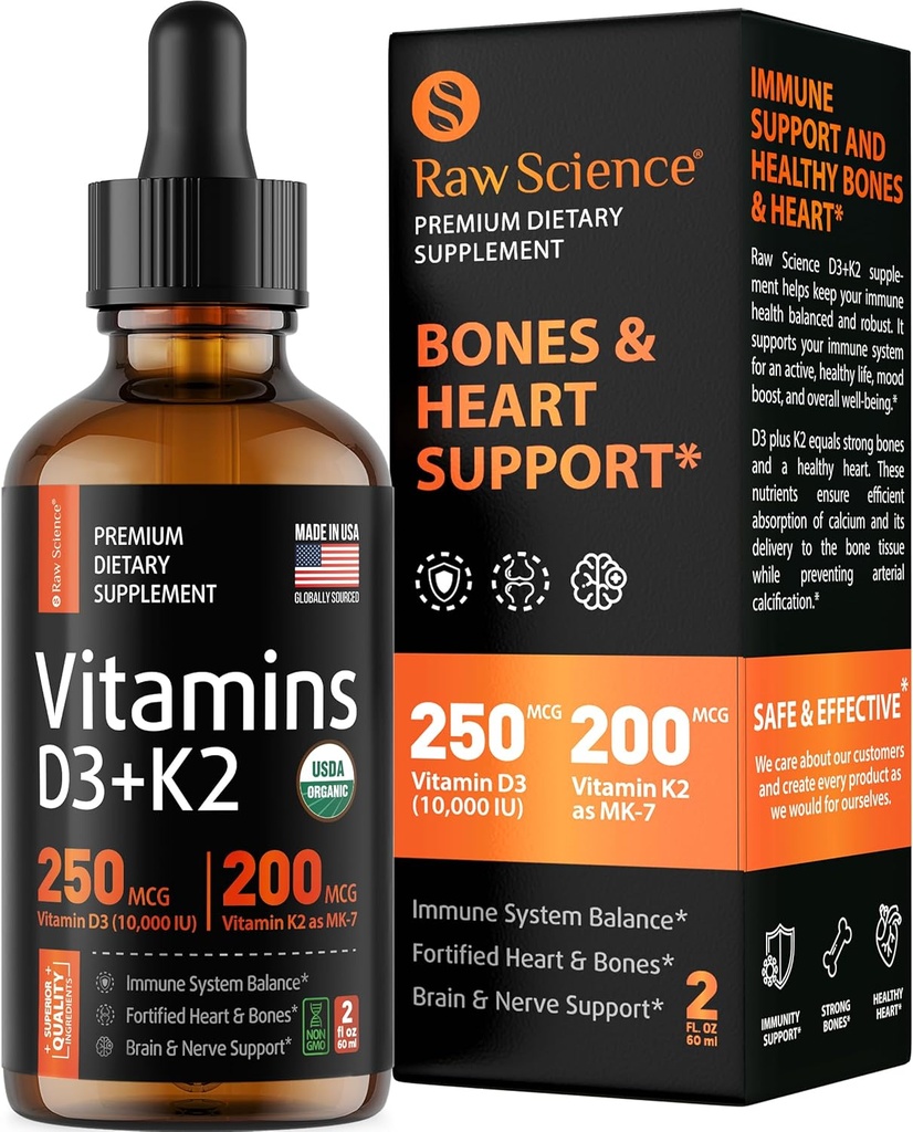 Tekoči vitamin D3 K2 10000 iu & 200 μg - Vitamin D z MK7 Vitamin K2 Kapljice - Gostota kosti in podpora srcu Tekoči vitamini za ženske in moške, visoka absorpcija Vit K2 D3 Vitamin dodatek - 2 fl oz
