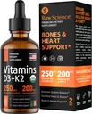 Tekoči vitamin D3 K2 10000 iu & 200 μg - Vitamin D z MK7 Vitamin K2 Kapljice - Gostota kosti in podpora srcu Tekoči vitamini za ženske in moške, visoka absorpcija Vit K2 D3 Vitamin dodatek - 2 fl oz