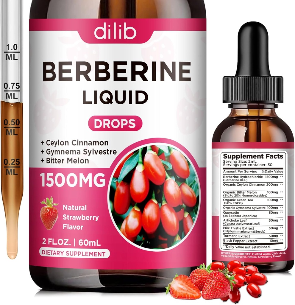 Berberine dodatek tekoče kapljice - Berberine HCL 1500mg s Ceylon Cinnamon, Bitter Melon, Gimnema Sylvestre za imunski, prebavni sistem in zdravje srca, naravna jagoda aroma, 2 Fl Oz