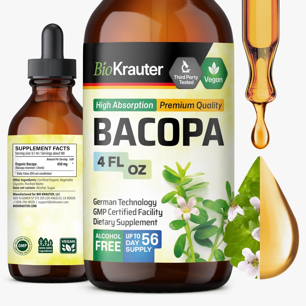 BIO KRAUTER Bacopa Monnieri Supplement Liquid - Brahmi - Alkohol in sladkor brez tekoče Bacopa Herb Kapljice 4 Fl.Oz.