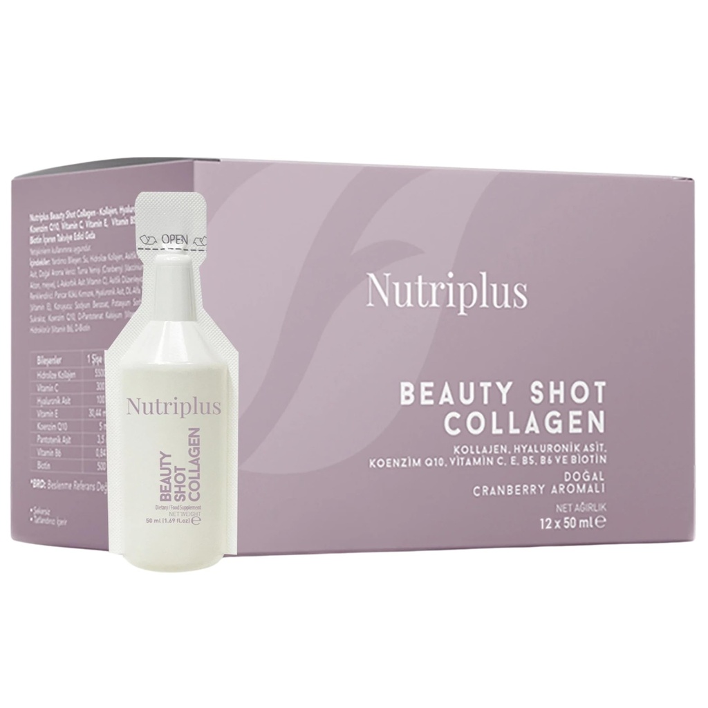FARMASi Nutriplus Beauty Shot Collagen – kologen tipa I in III s hialuronsko kislino, biotin & vitamini, brez sladkorja Cranberry Flavor, 1,69 fl oz x 12 Shots