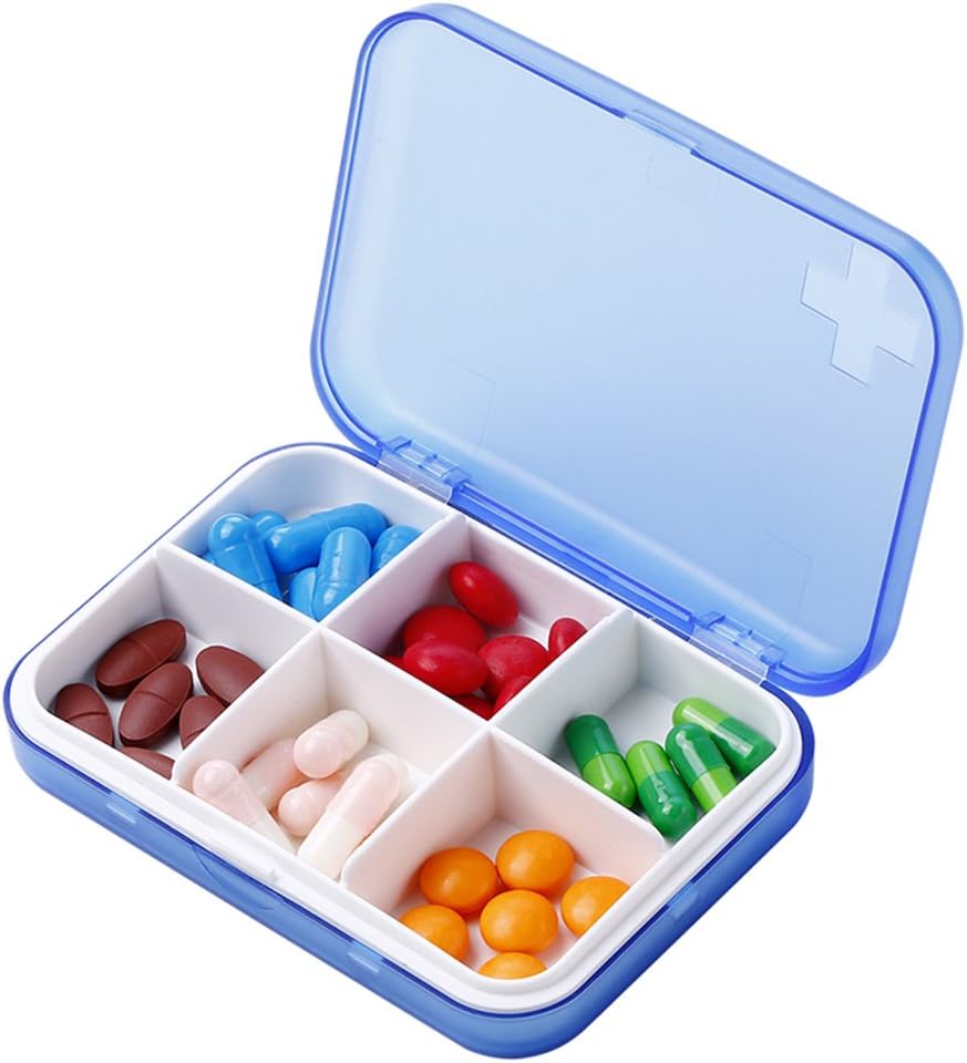 Prenosni Organizator tablet - Slim Pill Box za torbico ali potovalno, Kompaktna tableta primeru(6 Compartment, Blue)