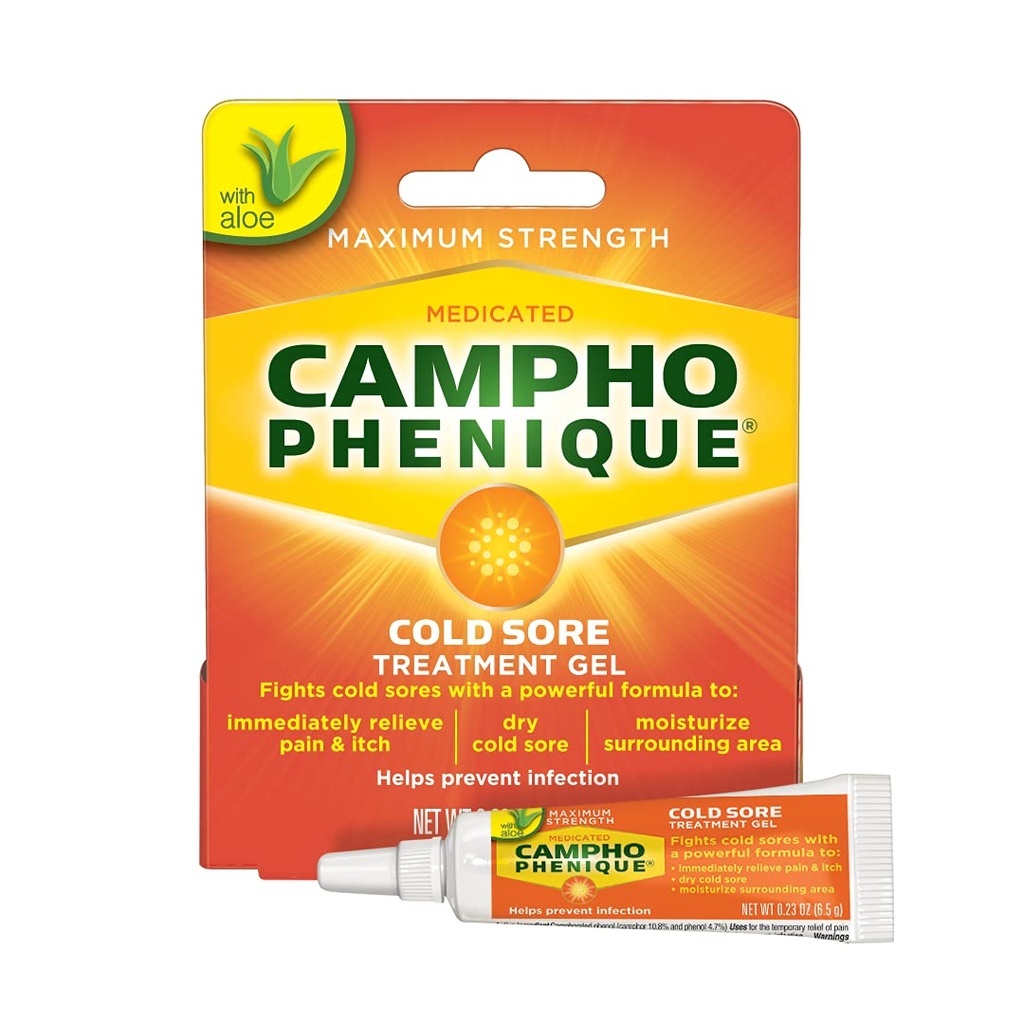 Campho Fenique Cold Sore in Fever mehur zdravljenje za ustnice, maksimalna moč zagotavlja takojšnje olajšanje, pomaga preprečiti okužbo za spodbujanje zdravljenje, Original Gel Formula, 0.23 Oz