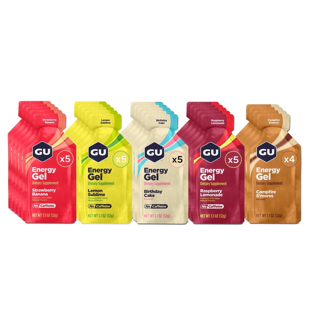 GU Energy Original Sports Nutrition Energy Gels, 24-Count, Vegan, Gluten-free, Kosher, in Dairy-free On-the-Go Energija za vse vadbe, Assorted Caffeine-free Flavors Pack