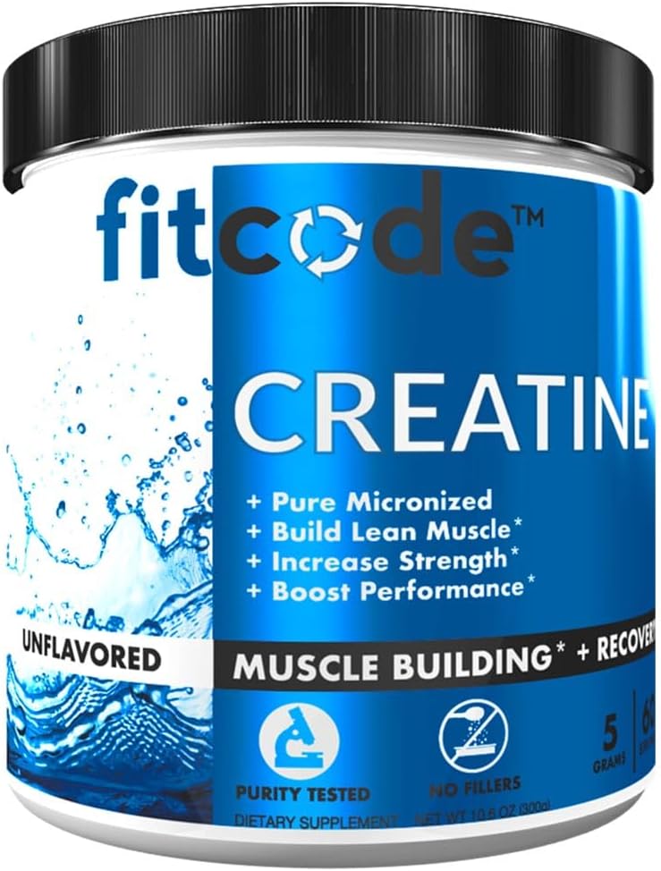 fitcode Kreatin monohidrat 5 Gram čistega mikroniziranega kreatin monohidrata za izgradnjo mišic, regeneracija, moč in stamina, nearomatiziran prašek, 60 Servinga