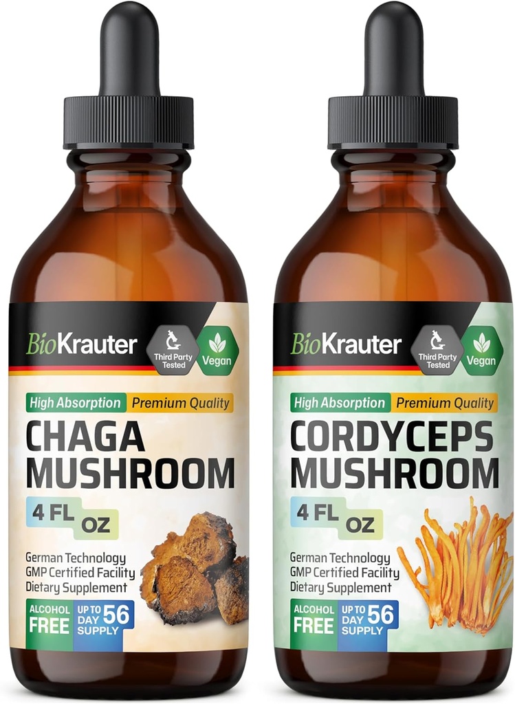BIO KRAUTER Chaga goba Tinktura 4 Fl. Oz. & Cordyceps goba Tinktura 4 Fl. Oz.