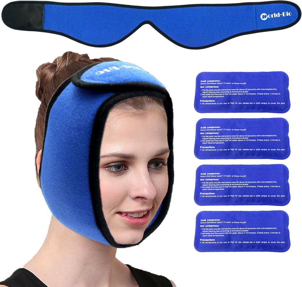 Obraz Ledeni ovoj za TMJ, Modrost zob, WORLD-BIO Jaw Ovitek s 4 ponovno uporabo vroče hladno terapijo Gel paketi za glavo, Chin, oralna in obraz kirurgija, lajšanje bolečine za otekanje, poškodbe, Zobne vsadke