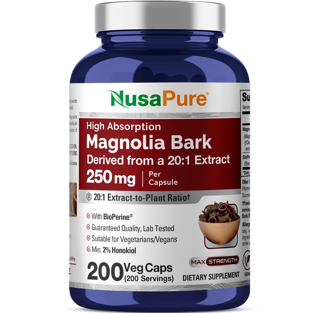 NusaPure Magnolia Bark 20:1 Extract, 250 mg enakovredno 5.000 mg 200 Vegetarijanske kapsule ne-GMO