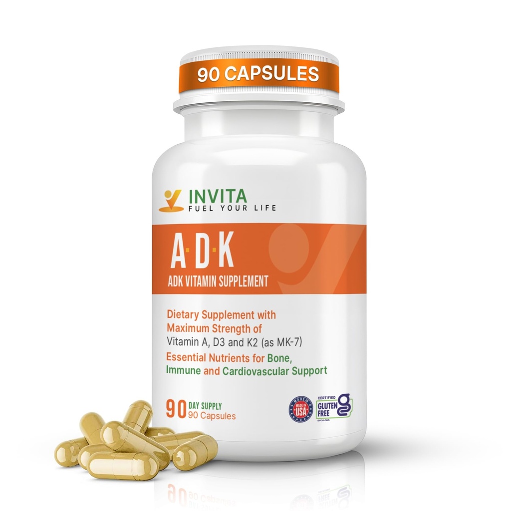 INVITA ADK - Vitamini A1, Vitamin D3 5000 i.e. & K2 MK7 dodatek - Fizikalna podpora za kosti in imunski sistem - Gluten prost, ne-GMO - 90 vegetarijanskih kapsul za moške in ženske