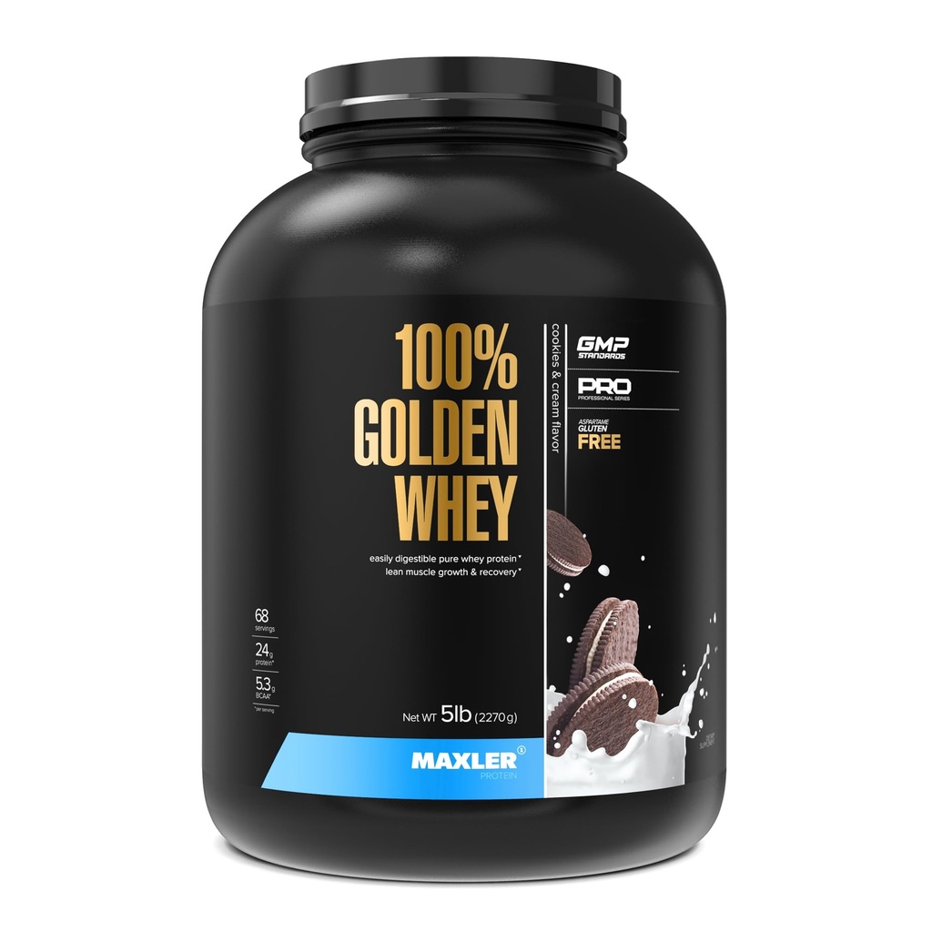 Maxler 100% Golden Whey Protein - 24g beljakovin na serviranje - Premium Whey Protein Powder for Pre Post Workout - hitro absorbira koncentrat sirotke, izolat in hidrolizatna mešanica - Piškotki in krema 5 lb